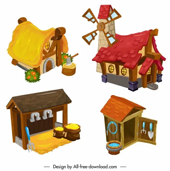 country houses icons colorful 3d sketch retro design 