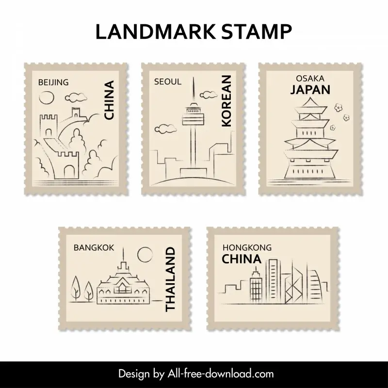 country stamps collection hand draw national symbols outline 