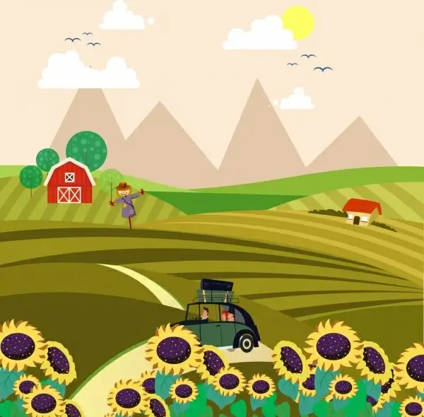 countryside landscape drawing field sunflowers car icons
