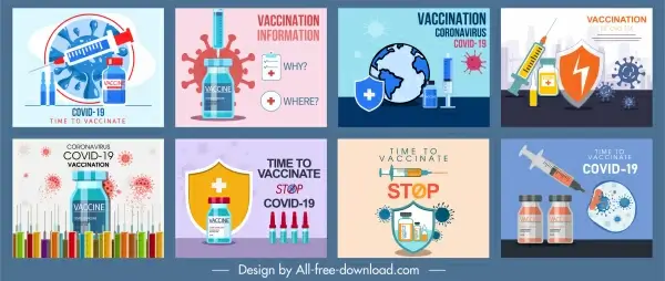 covid19 vaccination posters colorful flat medical virus symbols