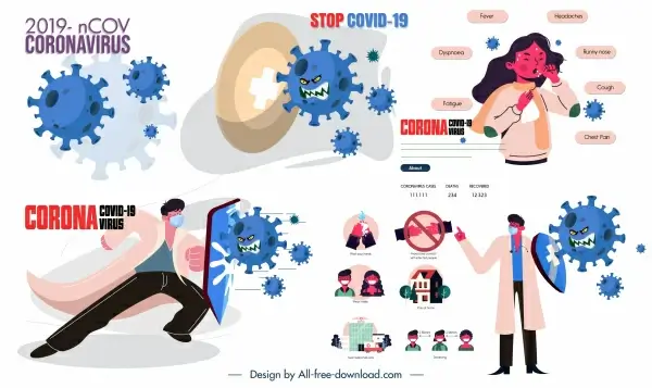 covid 19 banners viruses patient fighting doctors sketch
