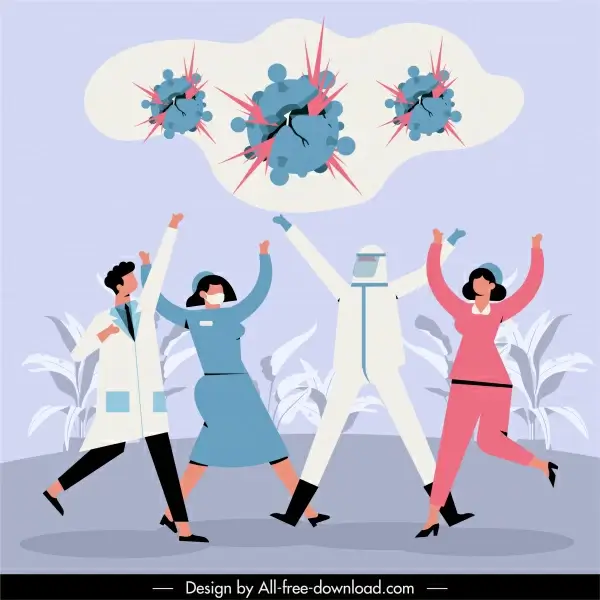 covid 19 poster happy doctors killed viruses sketch