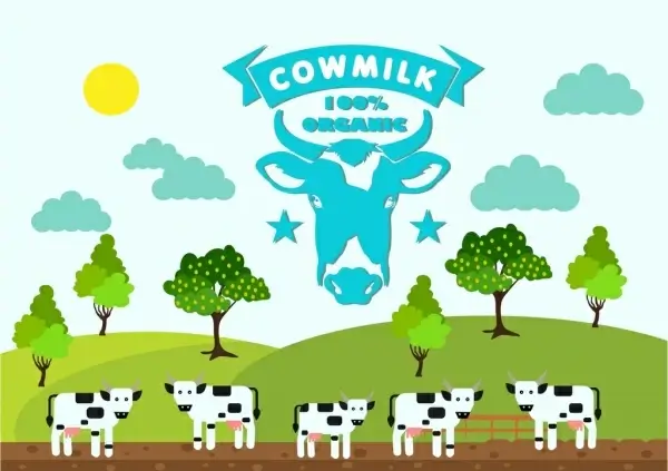 cow milk advertising banner colorful farmland scene ornament