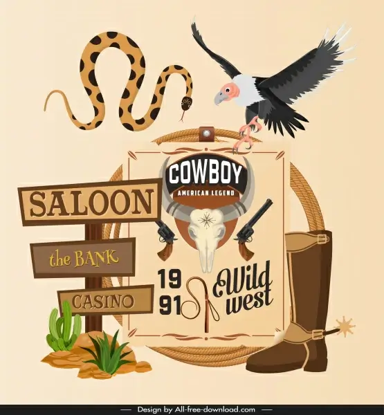 cowboy background template classic wild west symbols sketch