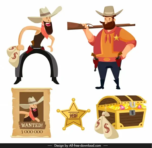 cowboy design elements cartoon characters vintage objects sketch