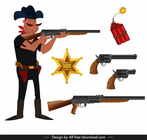 cowboy design elements sheriff weapons sketch cartoon design