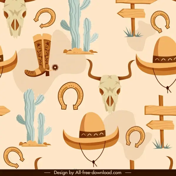 cowboy elements pattern flat classical symbols sketch