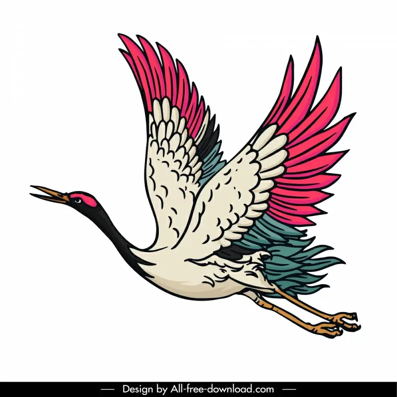 crane bird icon flat handdrawn outline dynamic classic design 