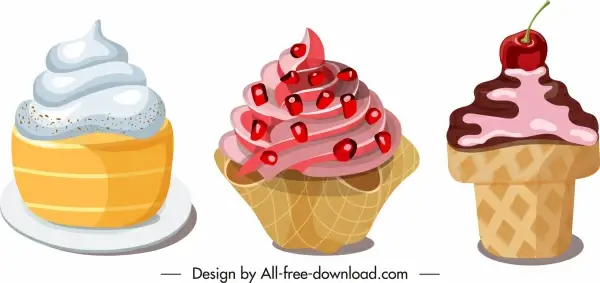 cream dessert icons colorful cupcakes sketch