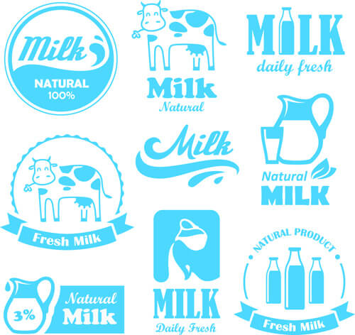 creative milk labels with logos design vector