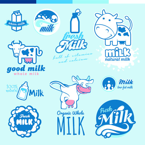 creative milk labels with logos design vector