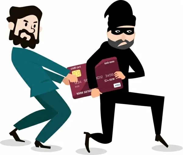 credit card advertisement businessman robber icons cartoon design