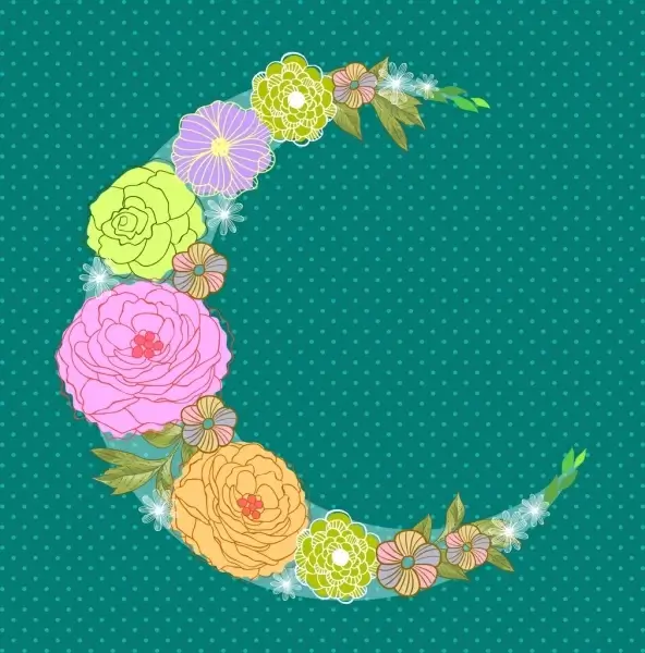 crescent moon icon colorful flowers decoration