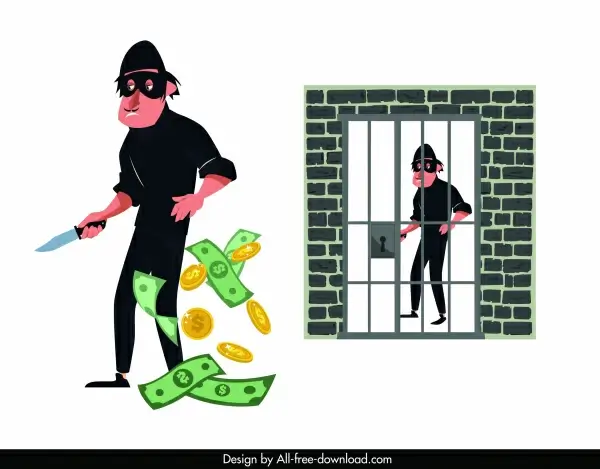 criminal icons cartoon character money prison sketch