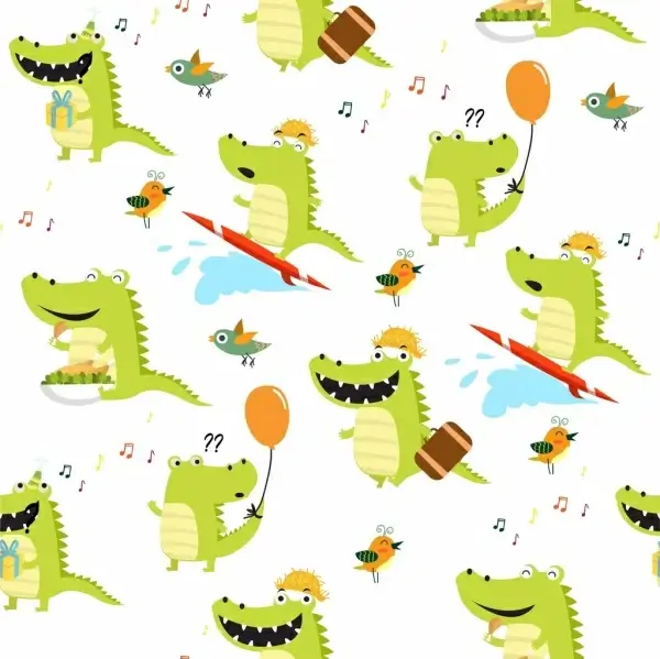 crocodile birds background funny icons repeating decoration
