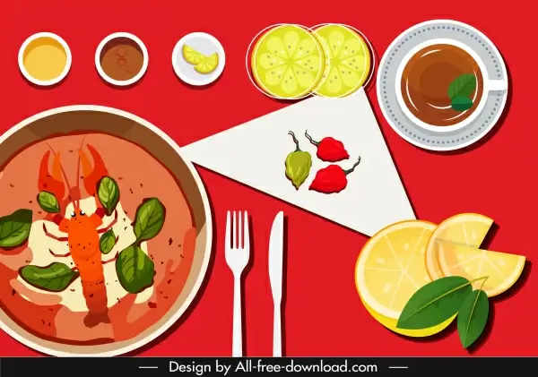 cuisine background colorful flat classic sketch
