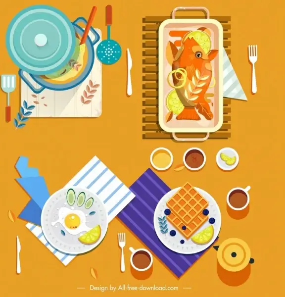 cuisine painting food icons classical colorful flat design