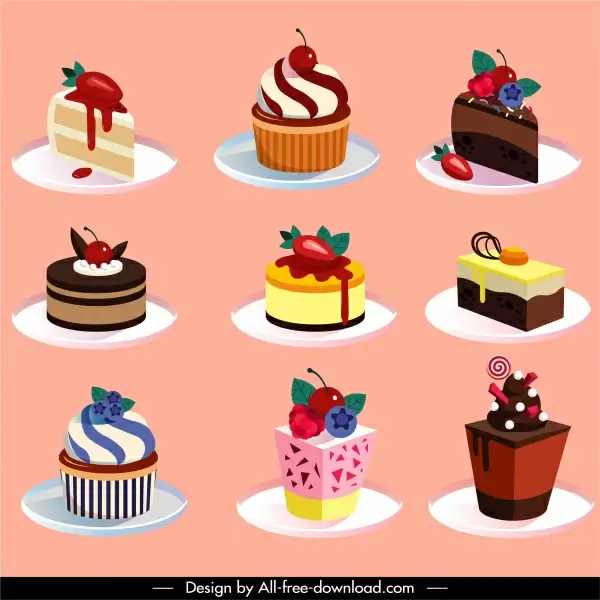 cup cake icons modern colorful decor 3d sketch