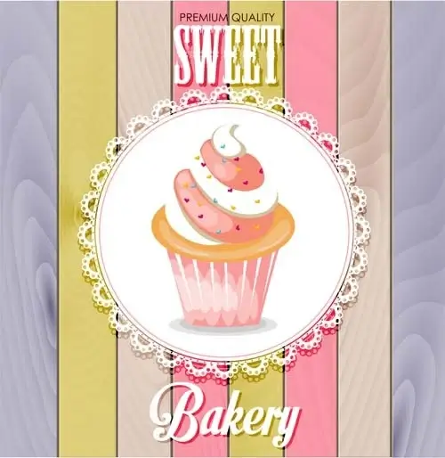 cupcake lace card and colored wood background vector