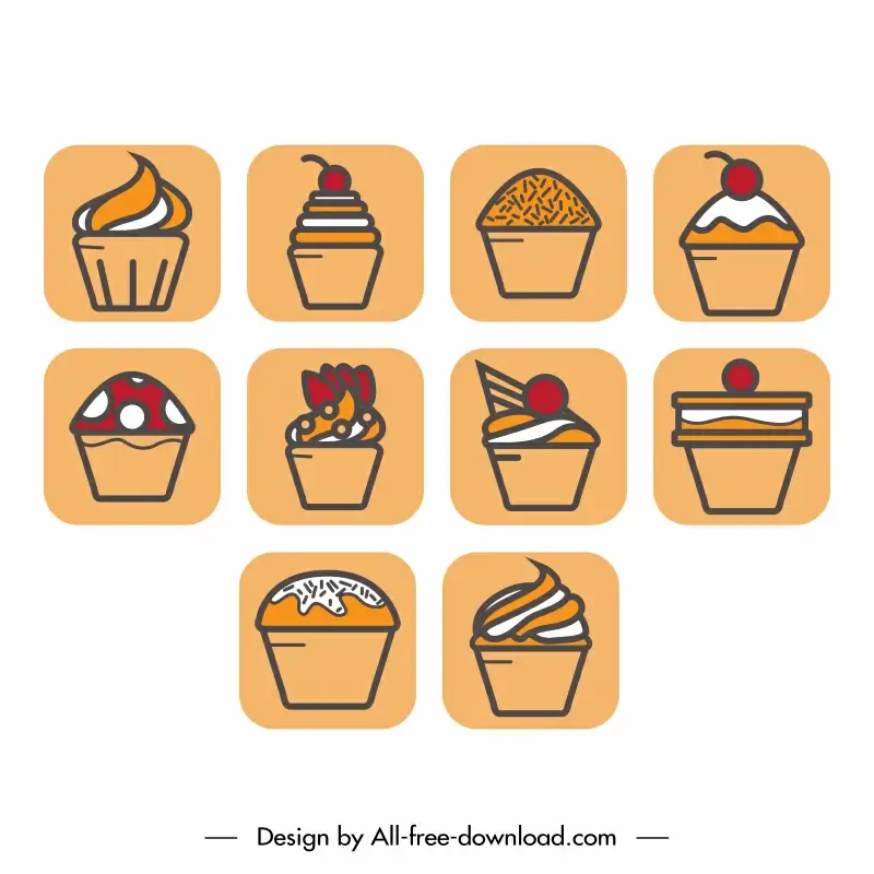 cupcakes icon sets flat classical design squares isolation sketch