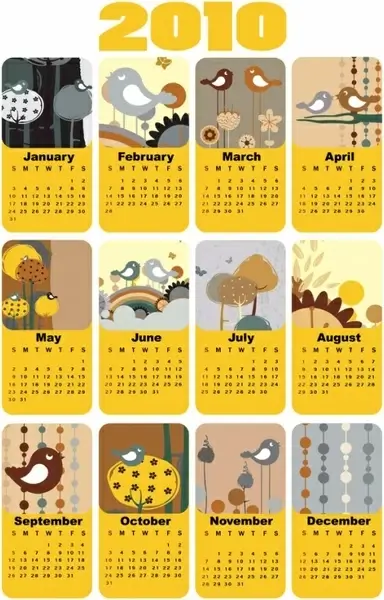 cute bird theme 2010 calendar template vector