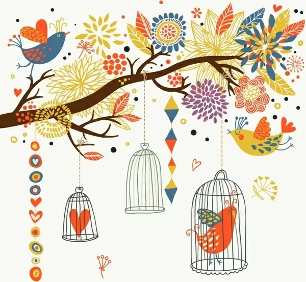 nature background birds cages branch sketch colorful classic