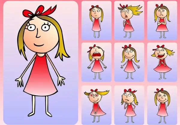 girl kid icons funny cartoon various emotion design