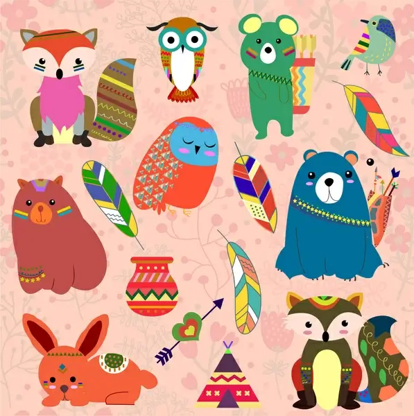 cute cartoon animals vector illustrations with indian style