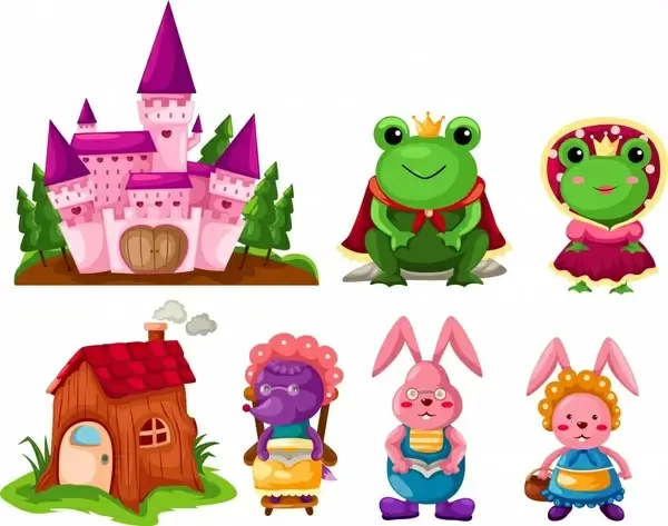 fairy tale icons colorful cute cartoon characters sketch