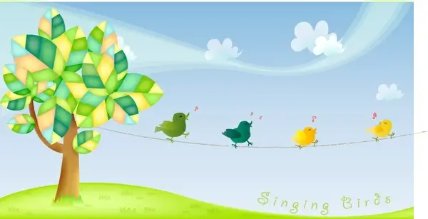 cute cartoon singing birds vector