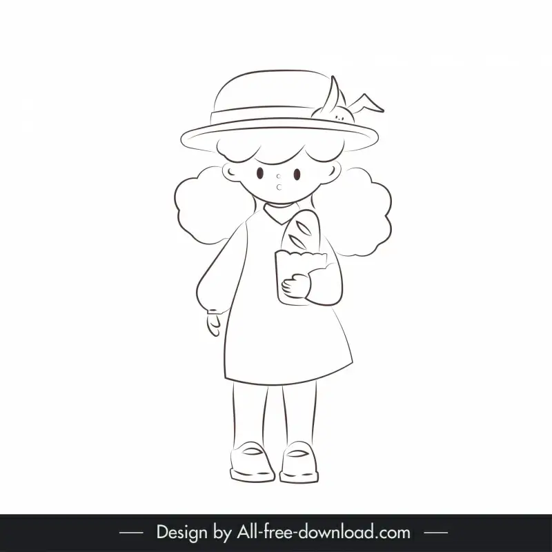 cute girl design element handdrawn outline  