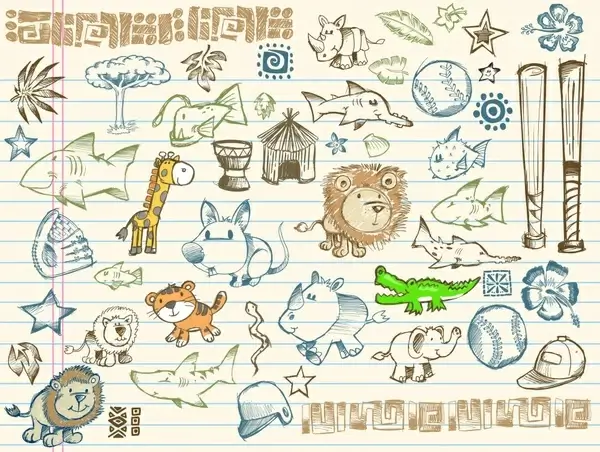 life animals objects icons colored handdrawn sketch