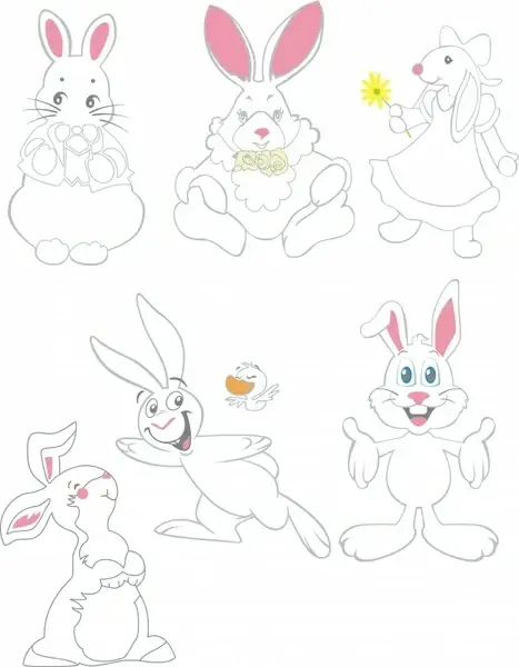 rabbit icons cute cartoon character handdrawn outline
