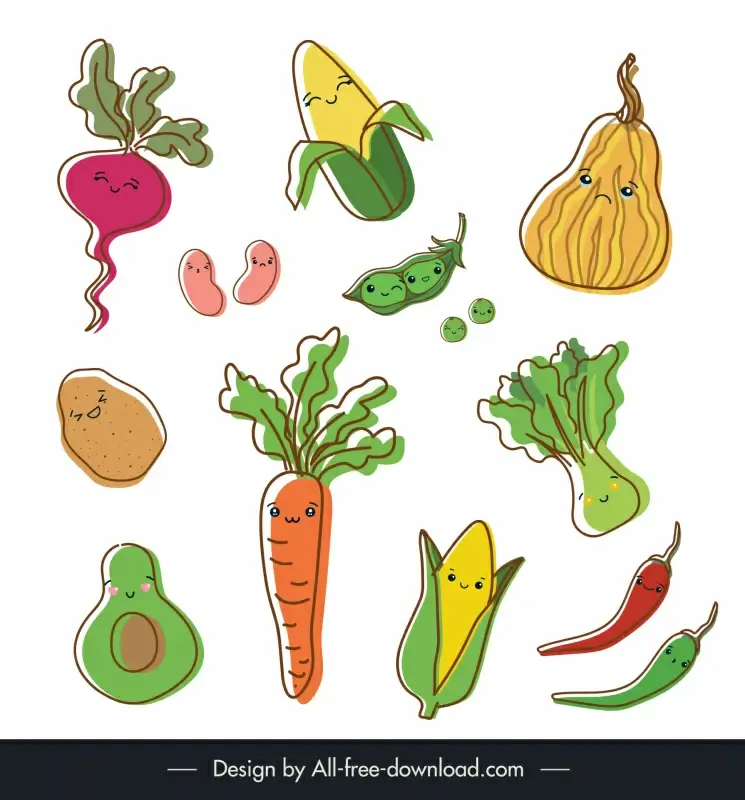 cute vegetables design elements flat handdrawn