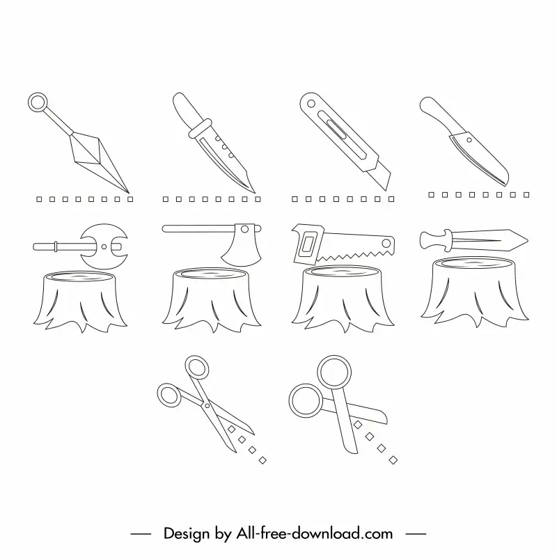 cutting work icons sets flat handdrawn knife axe scissors sketch