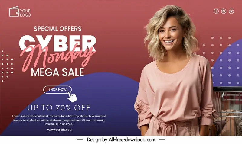 cyber monday banner template elegant woman smiley 