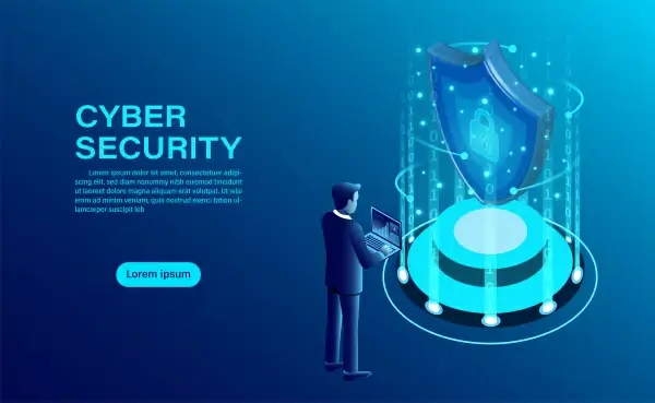 cyber security concept banner with businessman protect data and confidentiality and data privacy protection concept with icon of a shield and lock flat isometric vector illustration