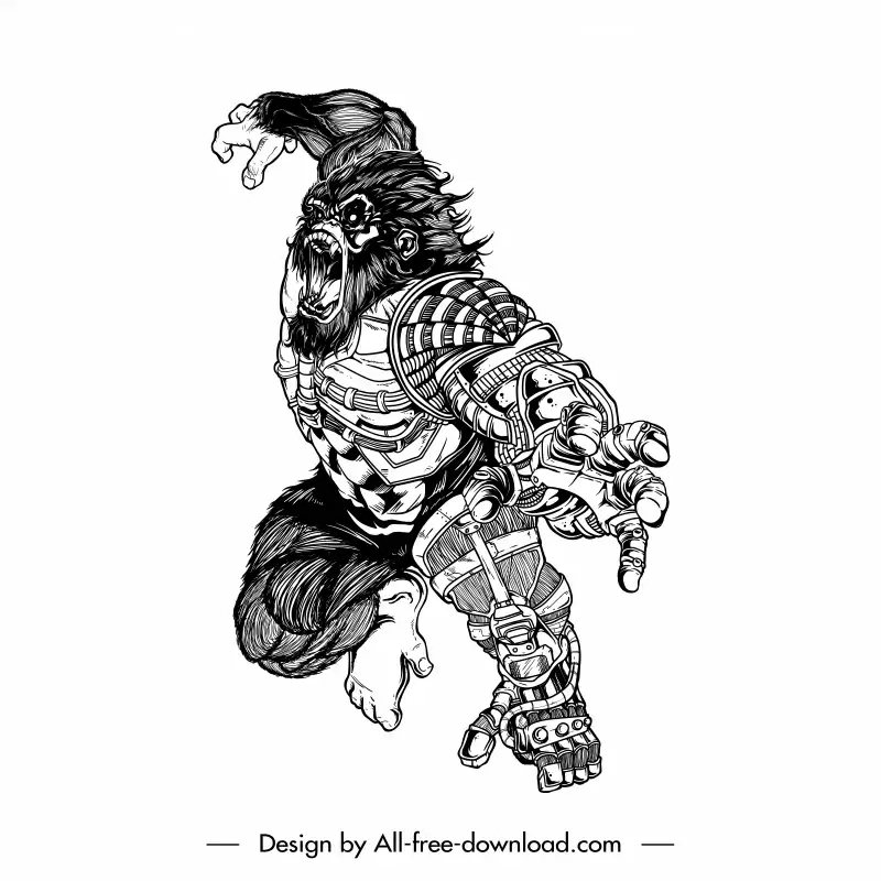 cyborg gorilla icon dynamic black white handdrawn cartoon outline 