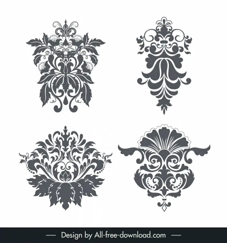  damask ornamental elements sets retro elegance symmetric shapes