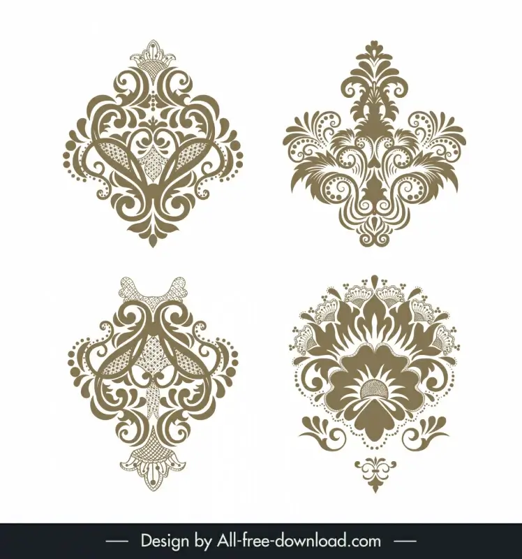 damask ornamental elements sets symmetric floral shapes