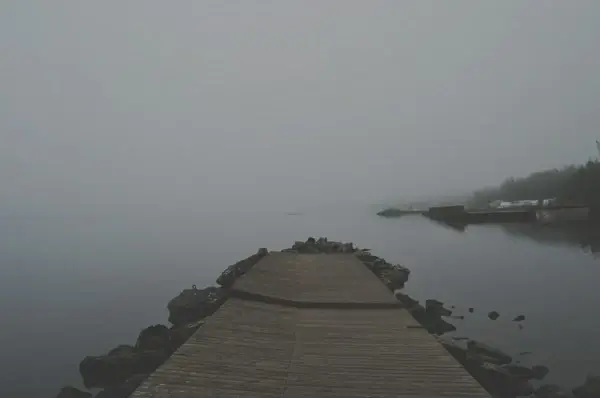 deck fog lake mist pier rock rural stone water