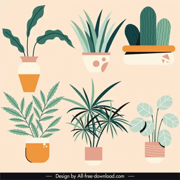 decorated houseplants icons colored flat vintage sketch