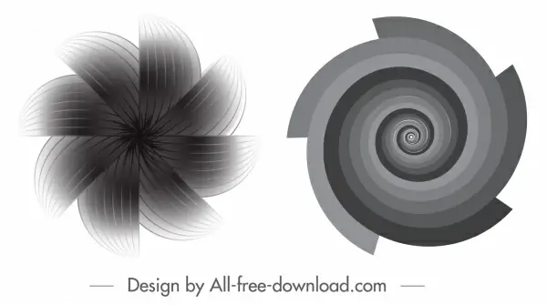 decorated illusive icons black white twisted motion shapes
