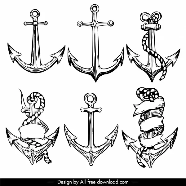 decorative anchor icons black white retro handdrawn sketch