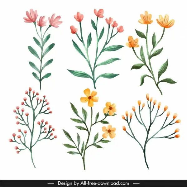 decorative botany icons bright classical handdrawn design