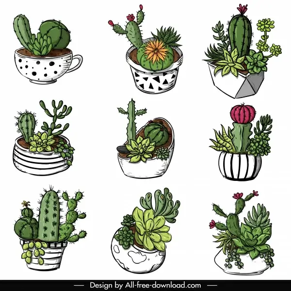 decorative cactus pot icons classical colorful handdrawn sketch 