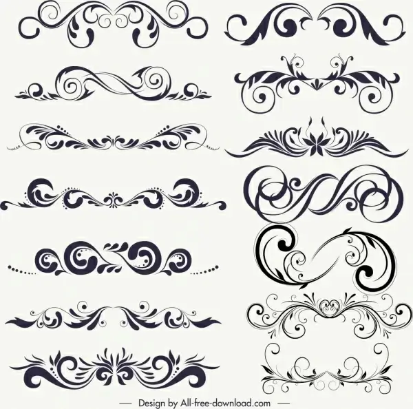 decorative design elements black white classical symmetrical curves