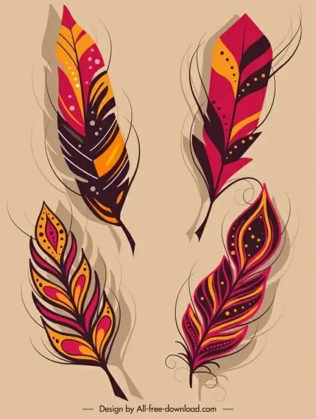decorative feather icons classical colorful fluffy design
