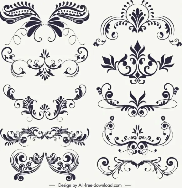 decorative floral elements black white vintage swirled shapes