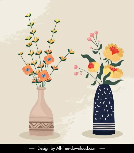 decorative flower pots background flat retro handdrawn
